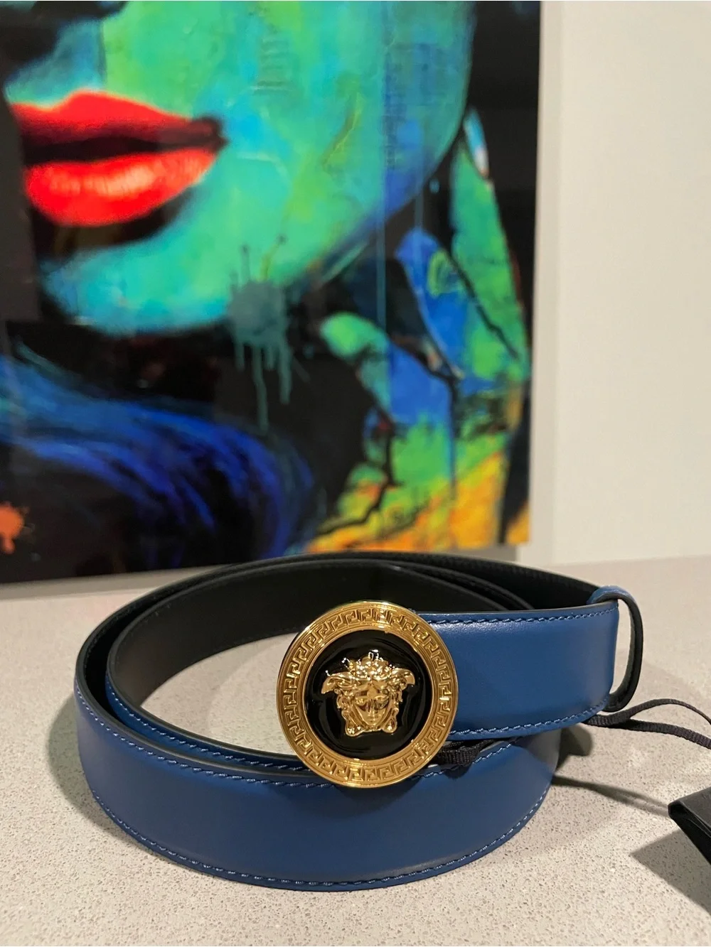 Versace Blue Leather Belt with Gold Medusa Buckle  SZ 110/44